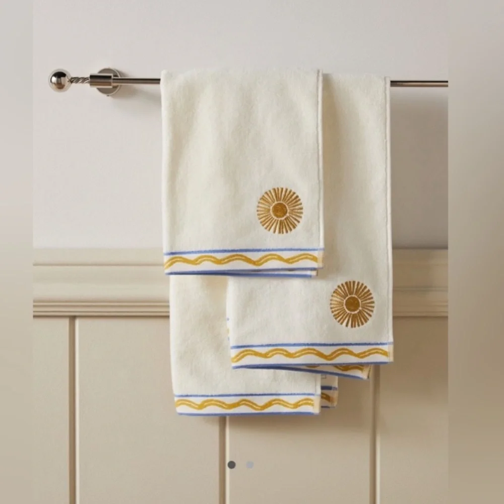 SET of Anthropologie Minnie Cotton Embroidered Icon Hand Towel in Yellow NWT